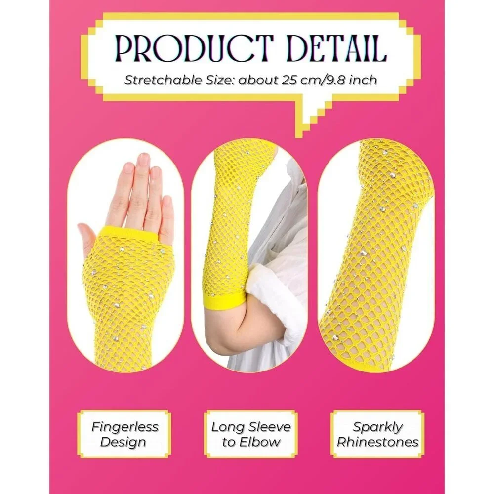 Women's Rhinestone Yellow Sparkly Halloween Cosplay Fingerless Long Gloves